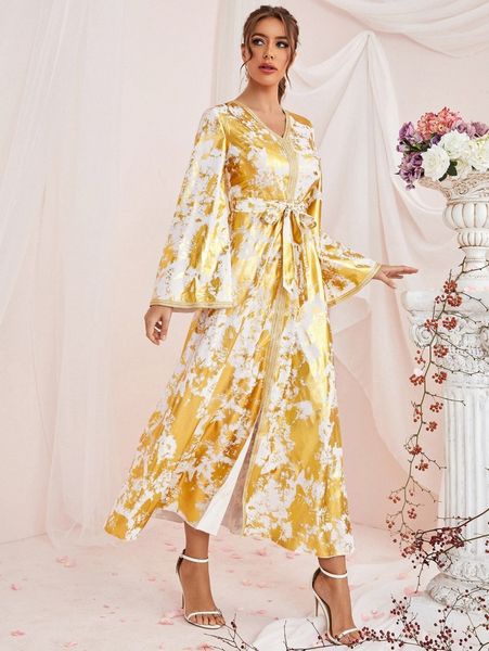 

gold tie dye contrast trim belted dress 62xi#, Black;gray