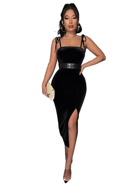 

tie shoulder split thigh velvet cami dress without belt i8iz#, Black;gray