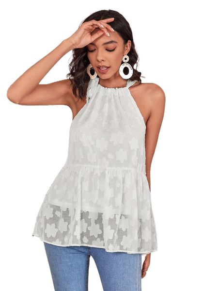 

halter neck jacquard ruffle hem t0v6#, White