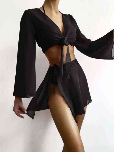 

black  gathered solid color long sleeve split triangle swimsuit bikini, White;black