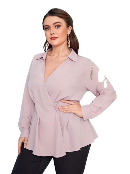 

plus surplice neck button front peplum 03jp#, Black