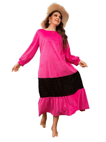 

plus dobby mesh ruffle hem velvet dress d8vl#, Black