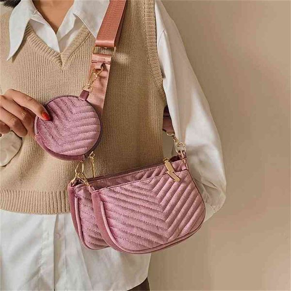 

bag female new version golden velvet bag three piece set v-shaped embroidered thread single shoulder p