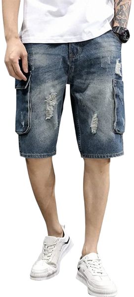 

mens ripped street hip hop denim cargo shorts jean shorts with multi pockets d2zp#, White;black