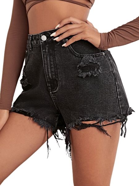 

high waist ripped raw hem denim shorts 15yr#, White;black