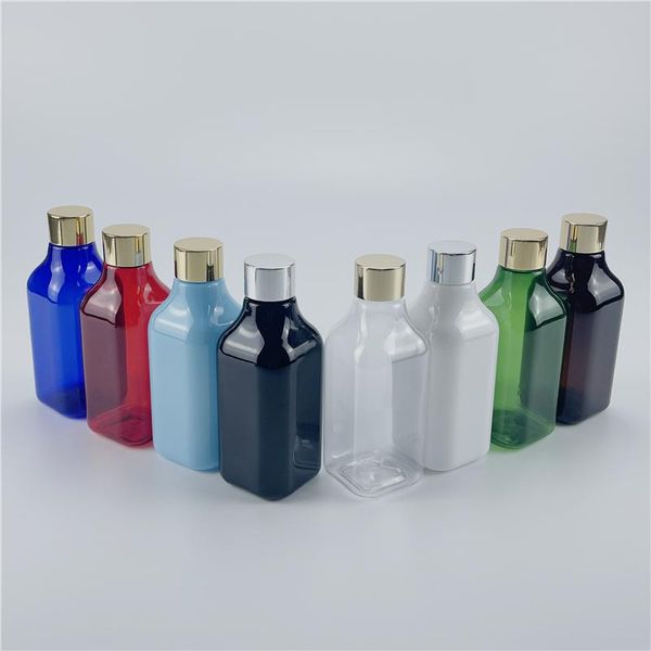 Vorratsflaschen, Gläser, mehrfarbig, 200 ml x 25 leere quadratische Kunststoffflaschen mit Schraubverschluss aus eloxiertem Aluminium, für flüssige Kosmetika, PET-Ton