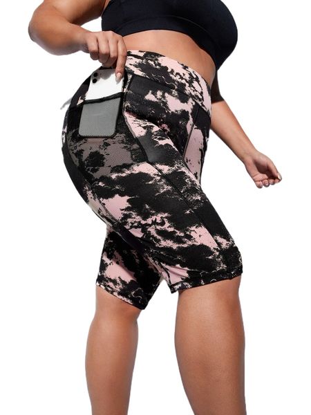 

plus tie dye stitching sports shorts with phone pocket 57zd#, Black