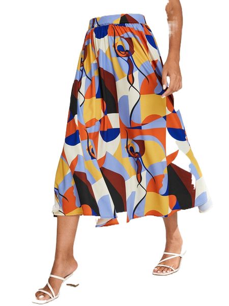 

allover print color block slit thigh skirt 40hb#, Black