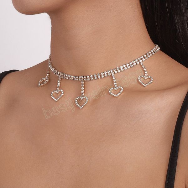 

korean luxury bling hollow crystal heart tassel pendant choker necklace women party jewelry, Silver