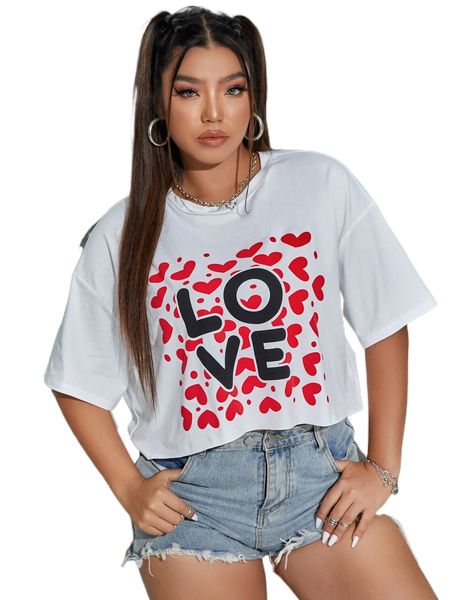 

plus heart & letter graphic drop shoulder tee j0tl#, Black
