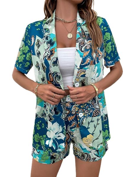 

floral & paisley print blouse & shorts w3s6#, White