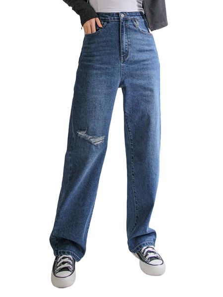 

dazy high waist ripped frayed straight leg jeans z3za#, Blue