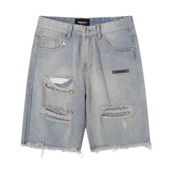 

men's jeans spring and autumn fog high street washed hole casual denim shorts for men women, Blue