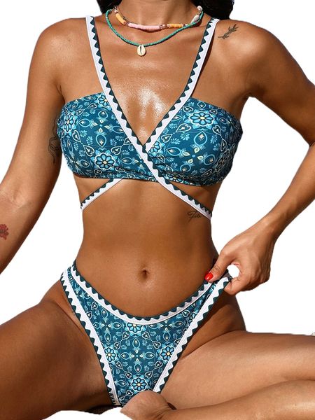 

bikinx floral print contrast binding bikini swimsuit n87i#, White;black