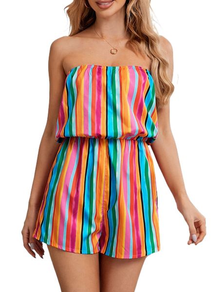 

vertical r.ainbow striped t.ube romper q511#, Black;white