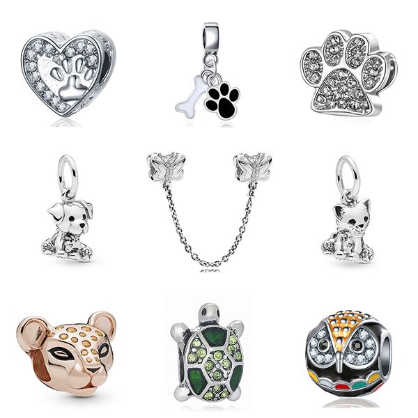 925 Sterling Silver Ciondola il fascino della lega Cat Dog Pet Lion Owl Animal Charms Smalto Bead Fit Pandora Charms Bracciale Gioielli fai da te Accessori