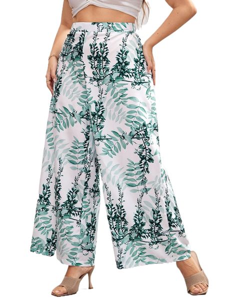 

plus tropical print wide leg pants g2op#, Black