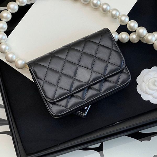 

classic womens fashion designer shoulder bags wallet medium solid color lambskin ridge small fragrance pearl chain bag coin purse crossbody