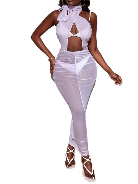 

sxy cut out knot side mesh bodycon dress without lingerie 30j3#, Black;gray