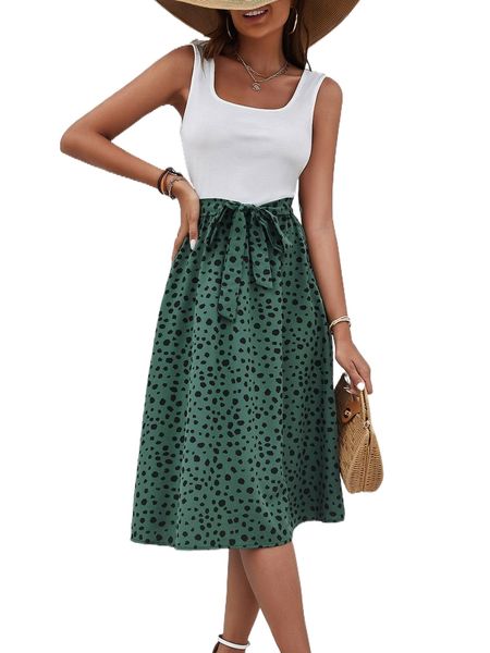 

colorblock belted a-line dress r8es#, Black;gray