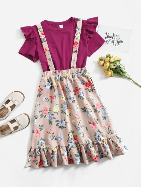 

girls ruffle trim tee & floral print flounce hem pinafore skirt she, White