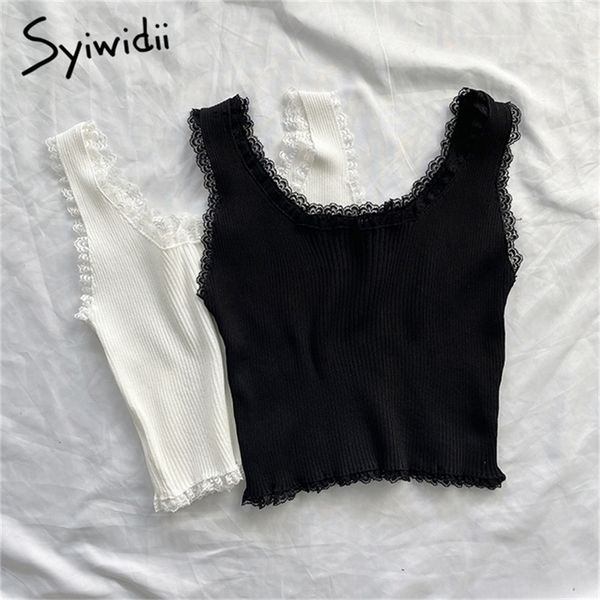 

syiwidii lace black tank for women clothes crop t shirt cute white bustier short solid spandex stretch knitted 220318