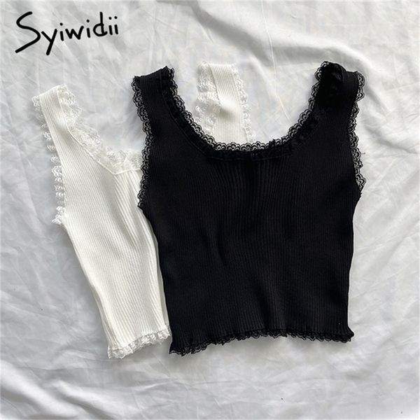 Syiwidii Spitze Schwarz Tank Tops für Frauen Kleidung Crop Top T Shirt Niedlich Sexy Weiß Bustier Kurz Solide Spandex Stretch gestrickt 220318