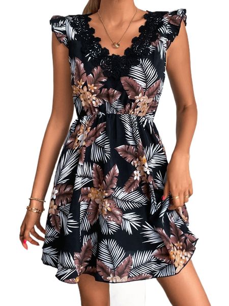 

tropical print guipure lace insert dress g0wt#, Black;gray