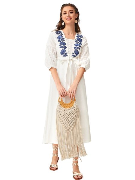 

f.loral embroidered b.elted drop shoulder d.ress 71zn#, Black;gray