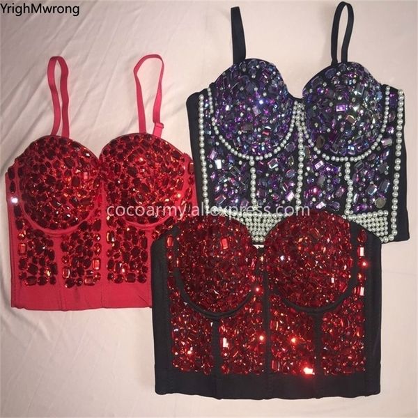 Kristall Diamant Pailletten Niet Perle Korsett BHs Push Up Crop Top Punk Bustier Luxus Goth Ballsaal Kostüm Bühne Party 220407