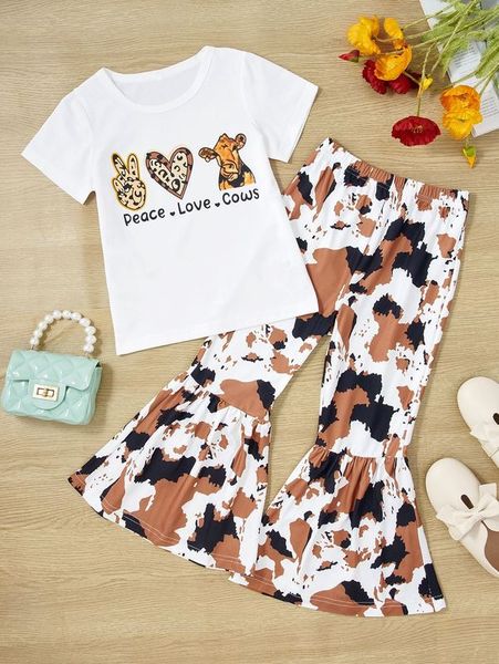 

toddler girls letter and graphic print tee & flare leg pants she, White