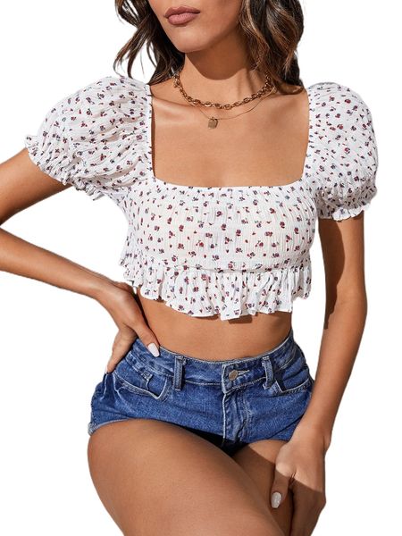 

ditsy floral puff sleeve ruffle hem crop blouse s7kd#, White