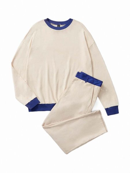 

x klvn men colorblock contrast binding pullover & sweatpants set o1my#, Gray