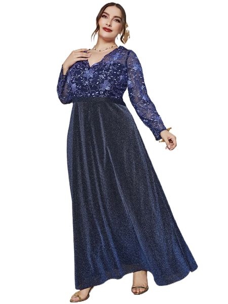 

plus floral embroidery mesh glitter formal dress 63nv#, Black