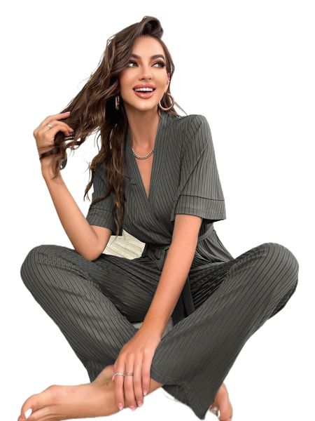 

ribbed knit belted lounge set b3xo#, Black;red