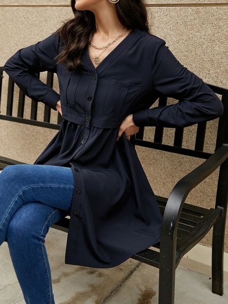 

solid button front smock dress m26k#, Black;gray