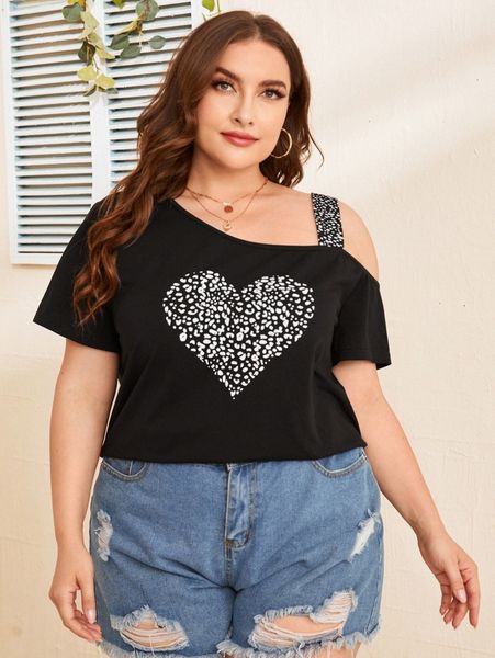 

plus leopard print asymmetrical neck tee b7dz#, Black