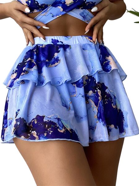 

marble print ruffle trim cover up skirt g0xt#, White;black