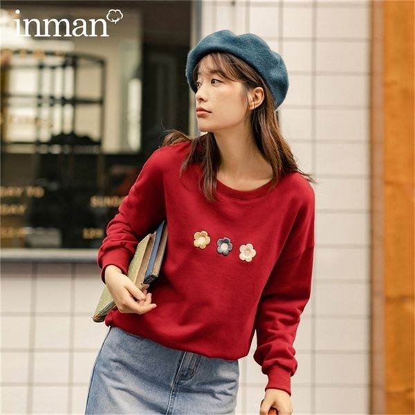 

inman autumn arrival simple design round collar three flower embroidered hoodies 201216, Black
