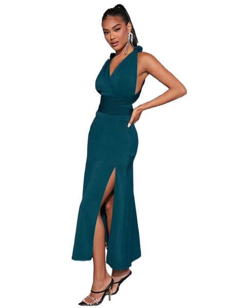 

crisscross tie back split thigh dress v9me#, Black;gray