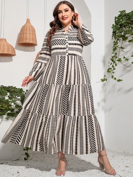 

plus geo print notched neckline dress q3ky#, Black