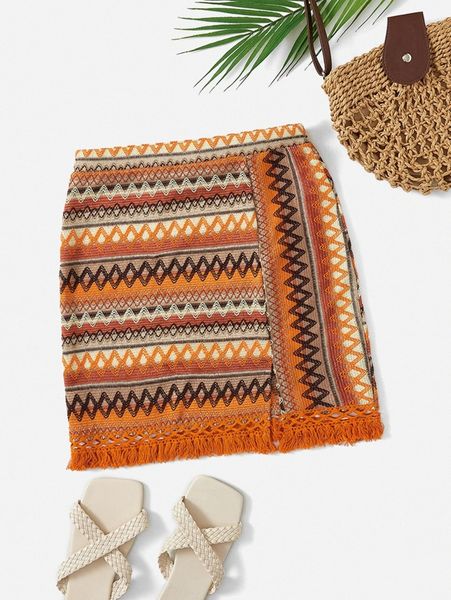 

plus chevron embroidery colorblock fringe trim split hem skirt d4zd#, Black