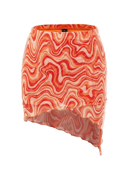 

allover print lettuce trim asymmetrical hem mesh bodycon skirt 30uc#, Black