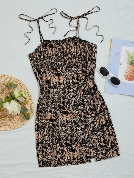 

allover print tie shoulder ruched bust split dress j9wa#, Black;gray