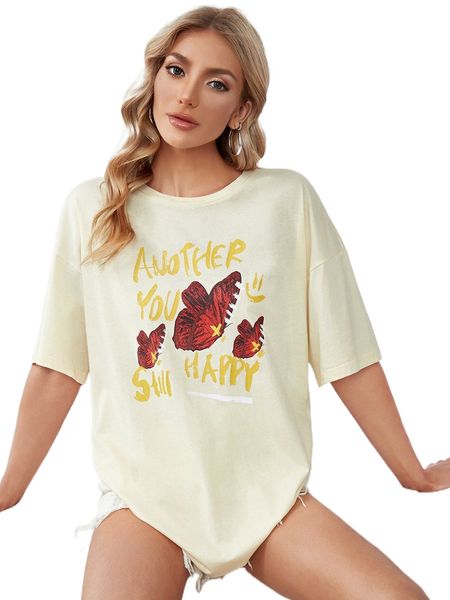 

x gppdsgn slogan & butterfly print drop shoulder tee h4tz#, White