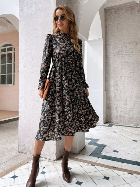 

floral print flounce sleeve dress b0ai#, Black;gray