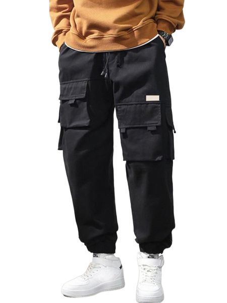 

men patched detail utility pocket drawstring waist joggers 90nj#, Black