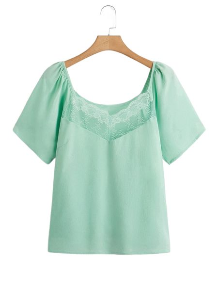 

plus contrast lace blouse 59va#, Black