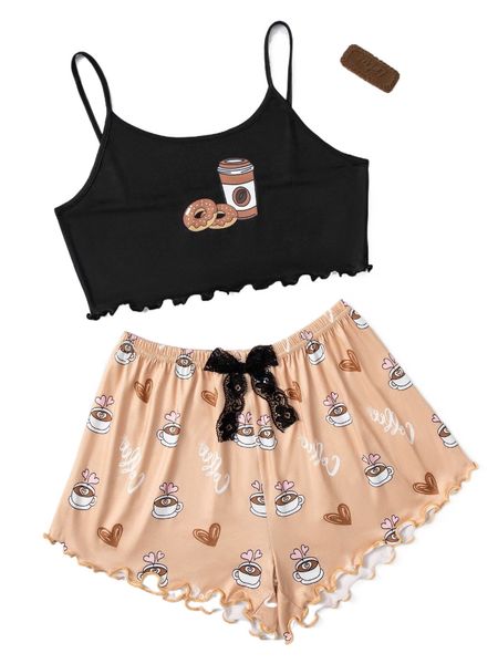 

cartoon graphic lettuce trim crop cami & bow front shorts pj set 151z#, Black;red