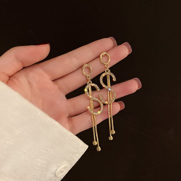 

925 silver needle korean temperament alphabet letter earrings full diamond s tassel earrings niche design net red fashion eardrop for women, Golden